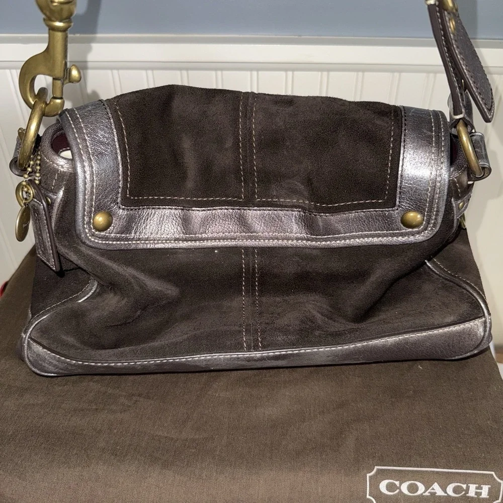 VTG COACH Y2K LEGACY ALI BROWN SUEDE METALLIC FLAP HOBO SHOULDER BAG PURSE